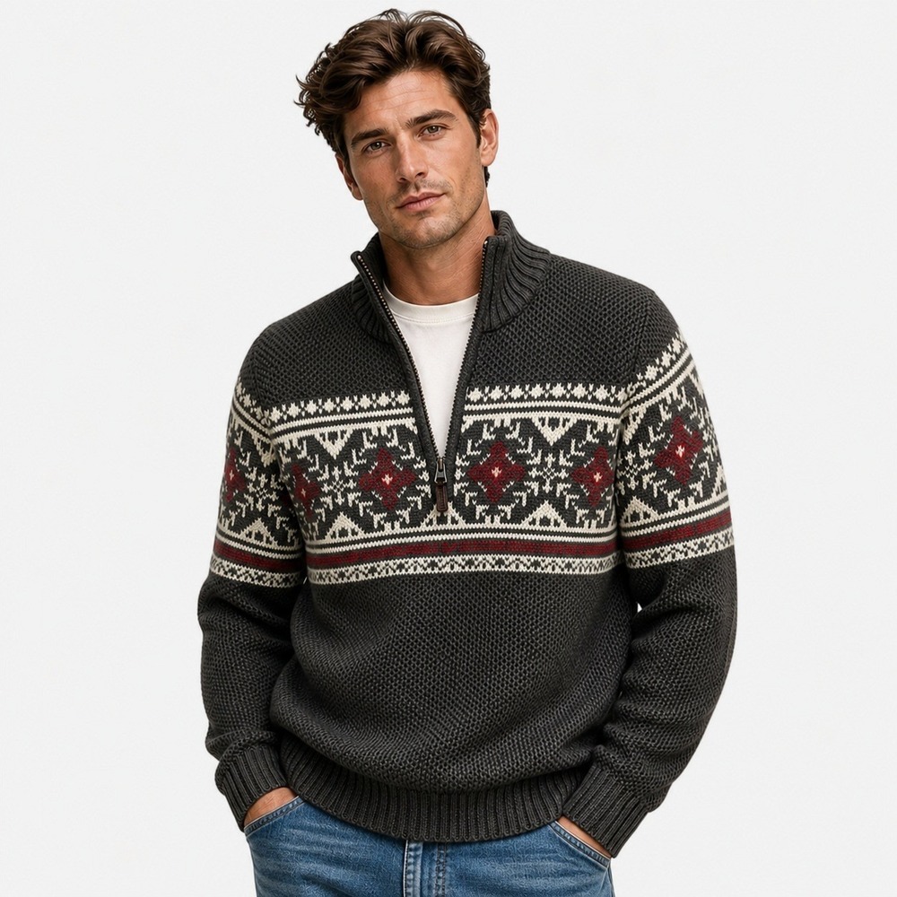 IZOD Fair Isle 1/4 Zip Sweater Men Size M Gray Nordic Cabincore Holiday Heritage